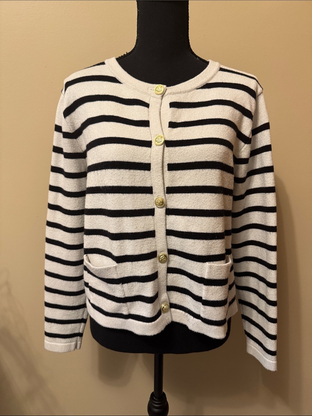 Women’s Black and Cream Striped Button-Front Cardigan